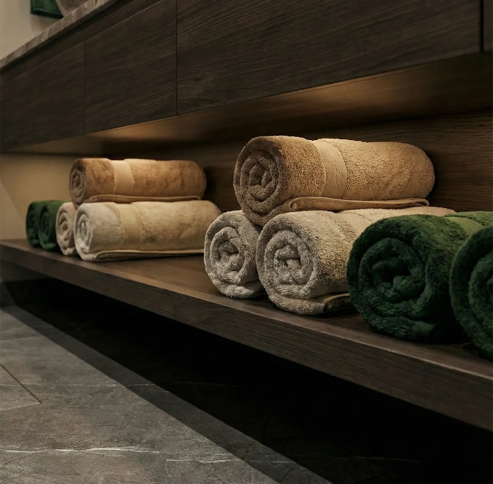 Rolled towels in changing room