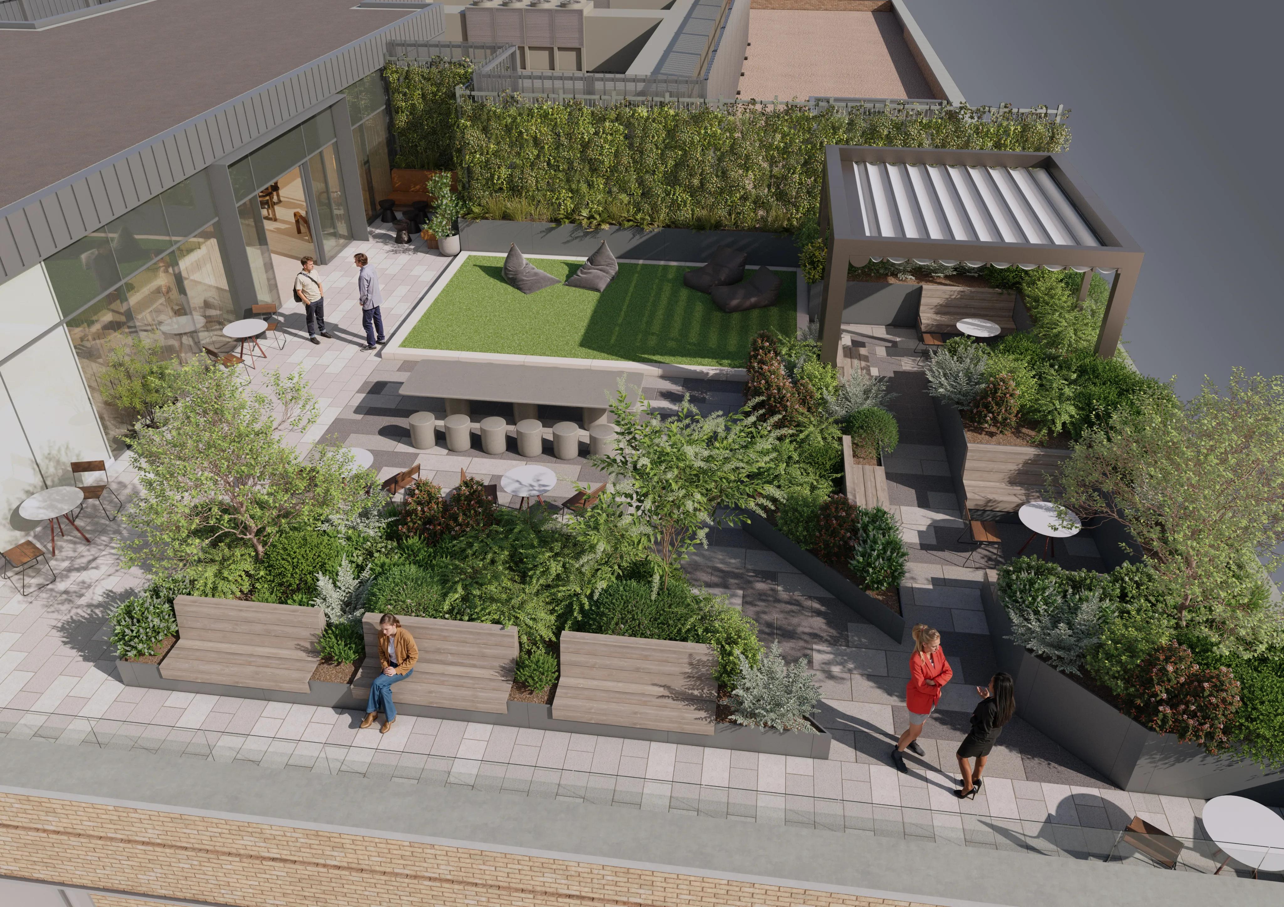 Rooftop terrace with greenery and seating
