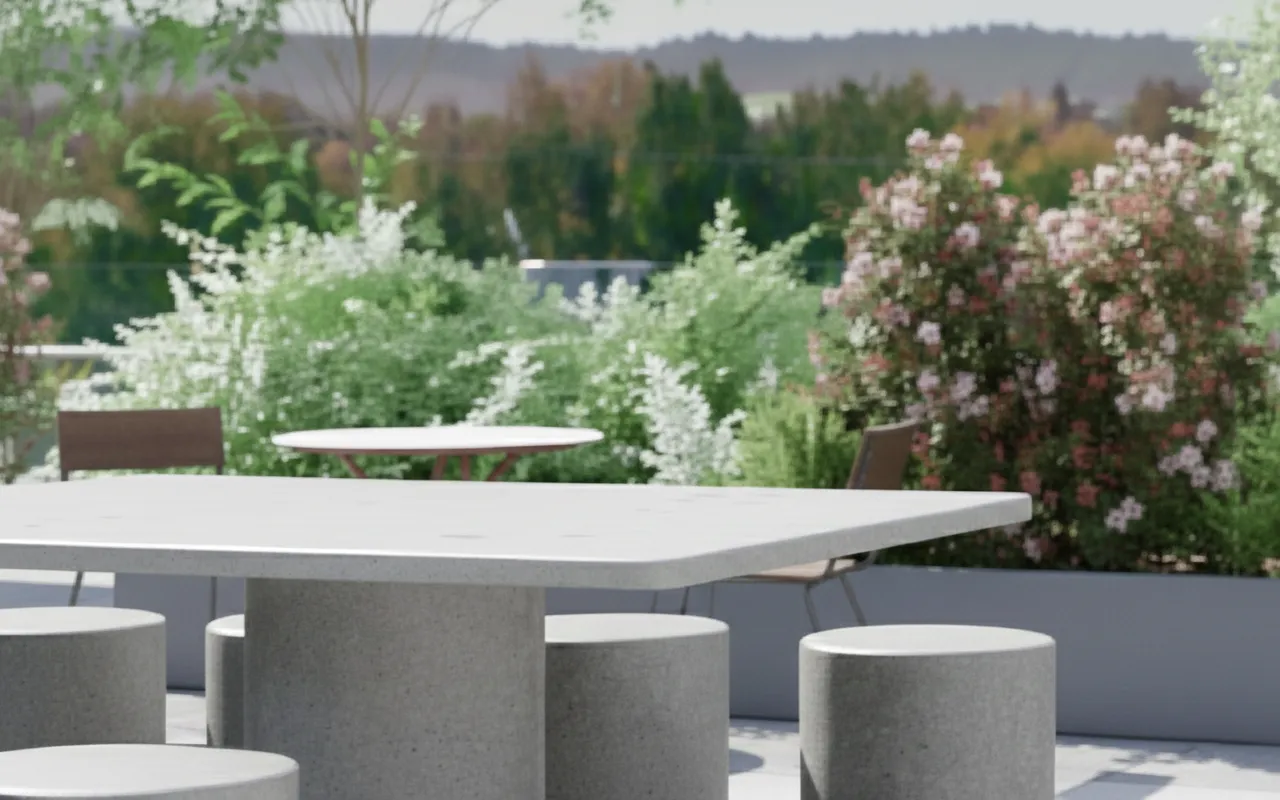 Outdoor concrete table seating area