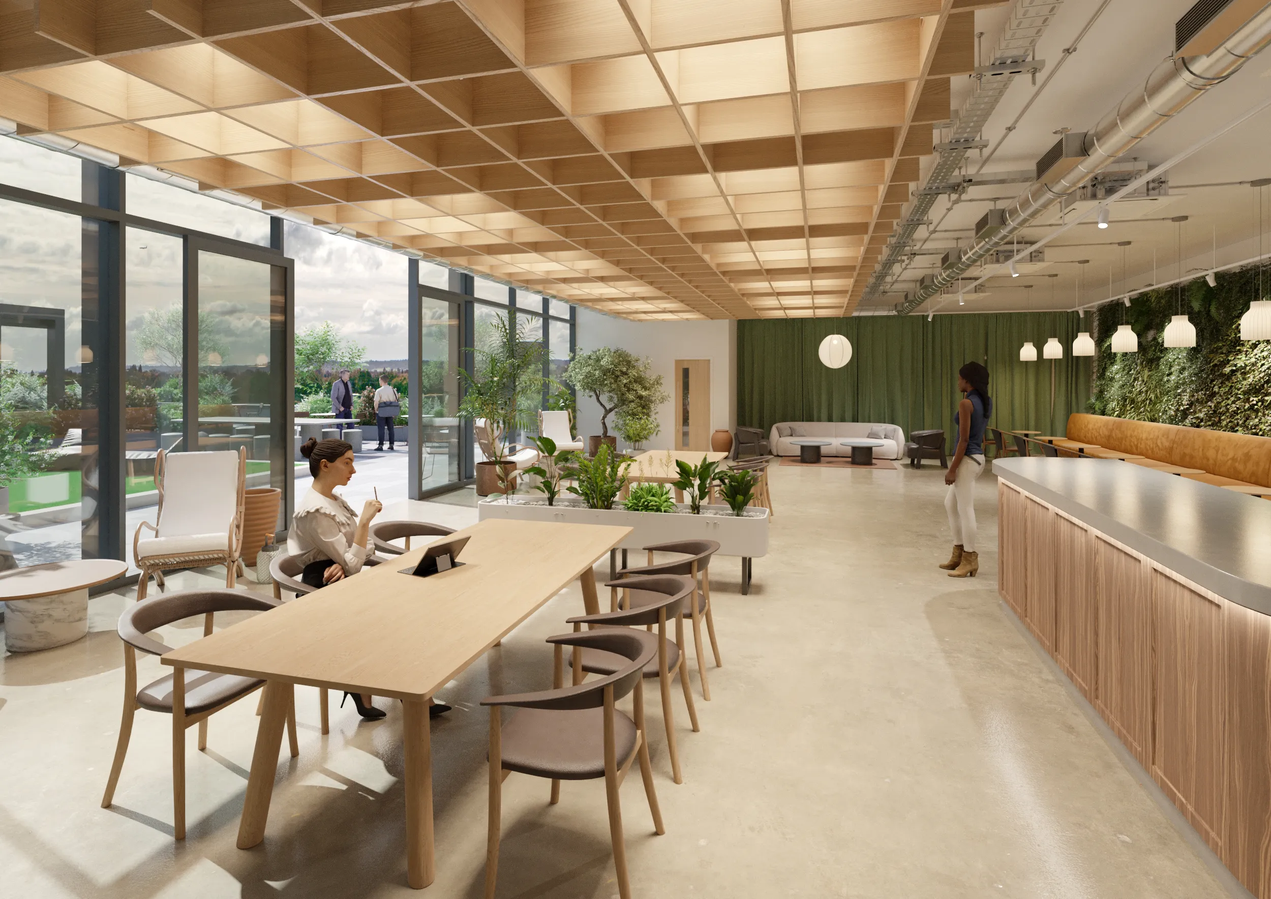 Rooftop pavilion interior with wooden ceiling and greenery