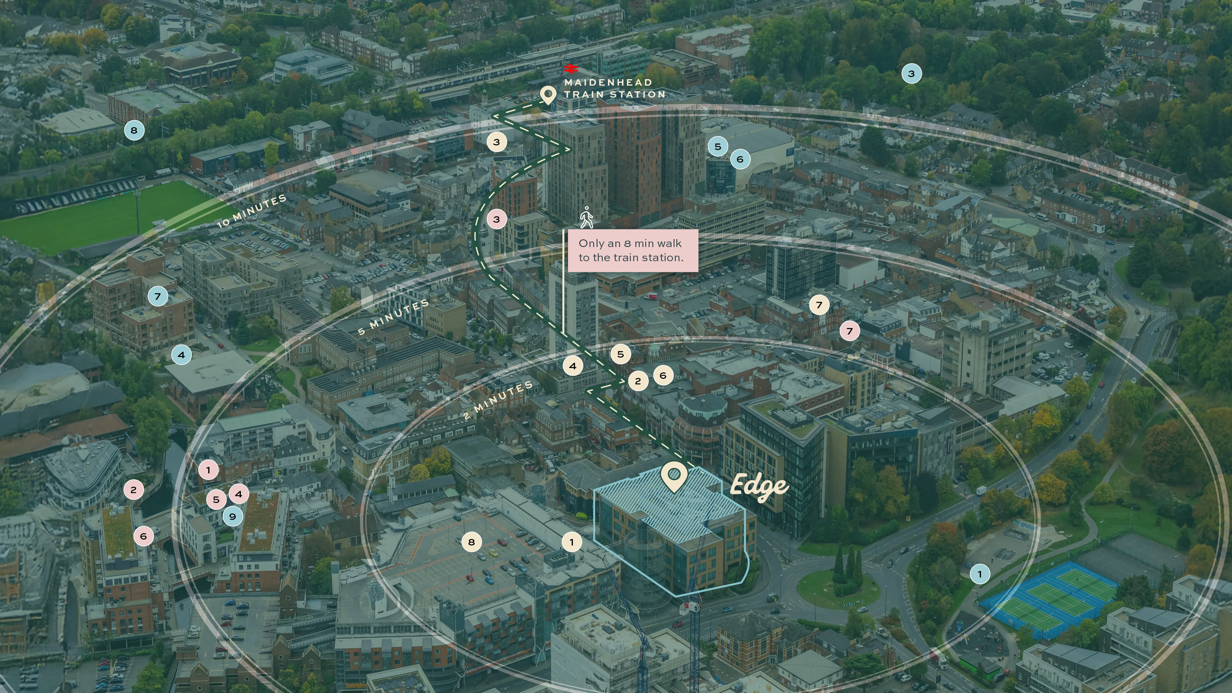 Aerial view of Maidenhead showing walking route to train station